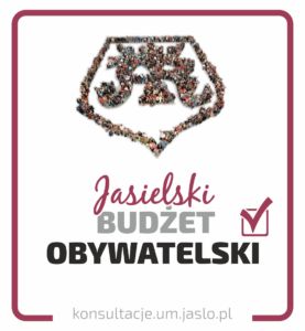 Herb miasta Jasła utworzony z postaci ludzkich, poniżej napis Jasielski Budżet Obywatelski