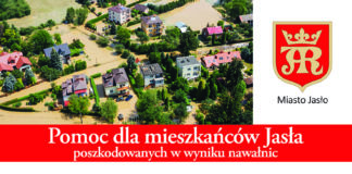 Plakat informacja o prowadzonej zbiórce finansowej -pomoc dla mieszkańców Jasło poszkodowanych przez nawałnice z końca czerwca bieżącego roku