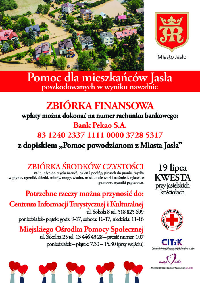 Plakat informacja o prowadzonej zbiórce finansowej -pomoc dla mieszkańców Jasło poszkodowanych przez nawałnice z końca czerwca bieżącego roku