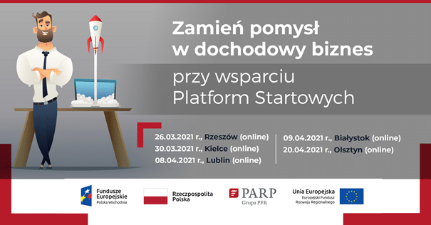 plakat informacyjny o cyklu spotkań on-line o wsparciu Platform Startowych dla startupów, wsparcie Platform Startowych