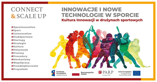 Plakat spotkania Connect & Scale Up Innowacje i nowe technologie w sporcie. Kultura innowacji w drużynach sportowych