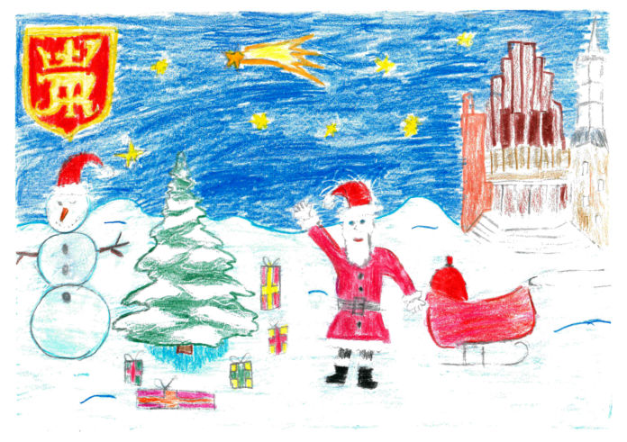 Kartka Świąteczna przedstawiająca zaśnieżony pejzaż miasta Jasła z widocznym frontonem kościoła franciszkanów. Na pierwszym planie św. Mikołaj, choinka i bałwan.