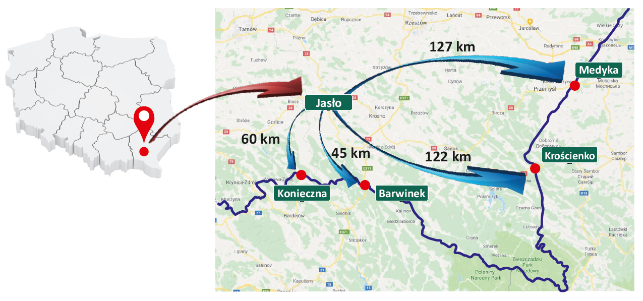 Obraz przedstawiwający położenie miasta na mapie Polski oraz jego usytuowanie transgraniczne, odległość do najbliższych przejść granicznych
