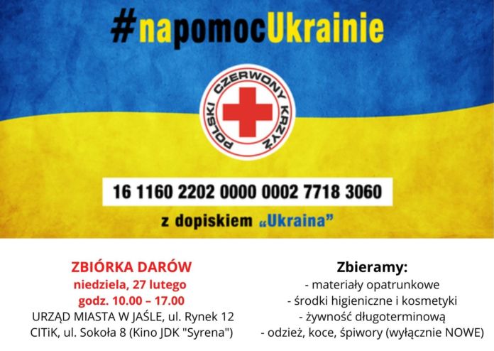 Baner - flaga Ukrainy i napis #na pomoc Ukrainie PCK z dopiskiem 