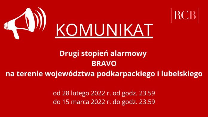 Komunikat - drugi stopień alarmowy BRAVO na terenie województwa podkarpackiego i lubelskiego