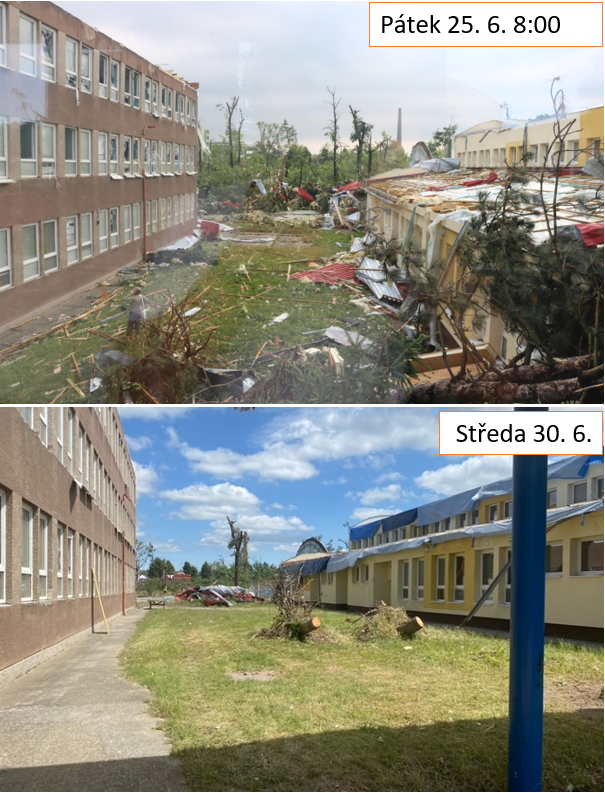 Zniszczone budynki szkoły. porównanie piątku 25 czerwca do środy 30 czerwca.