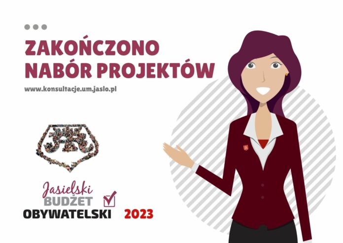 Baner, wskazująca postać, kobieta na napis, zakończono nabór projektów www.konsultacje.um.jaslo.pl Jasielski Budżet Obywatelski 2023.