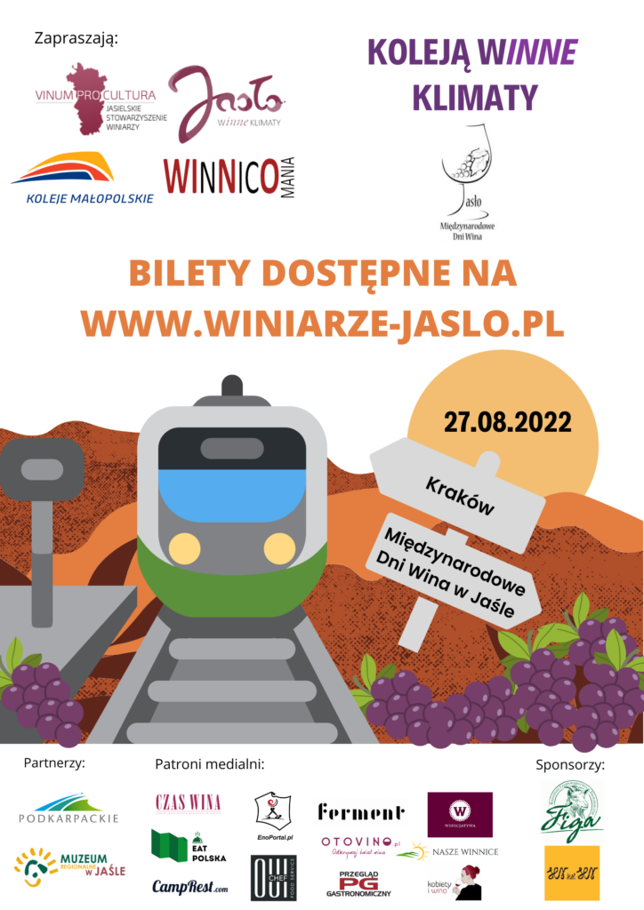 grafika - pociąg na torach z boku winogrona - napis bielty dostepne na www.winiarze.jaslo.pl 