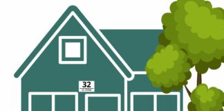 grafika - dom z tabliczką, numerem domu i nazwą ulicy, drzewo, płot i tabliczka