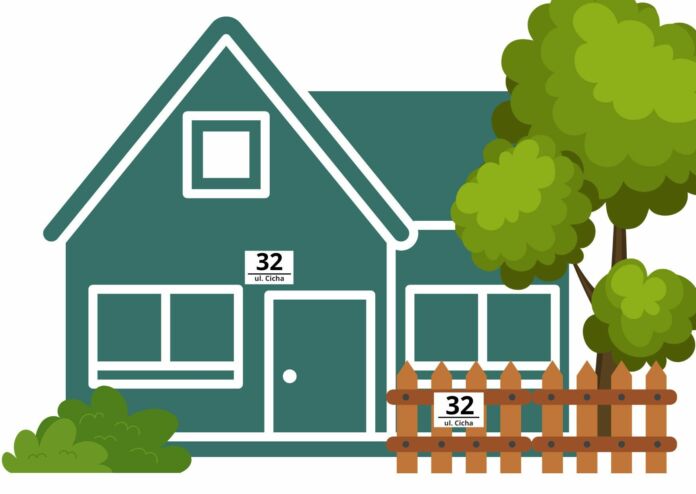 grafika - dom z tabliczką, numerem domu i nazwą ulicy, drzewo, płot i tabliczka