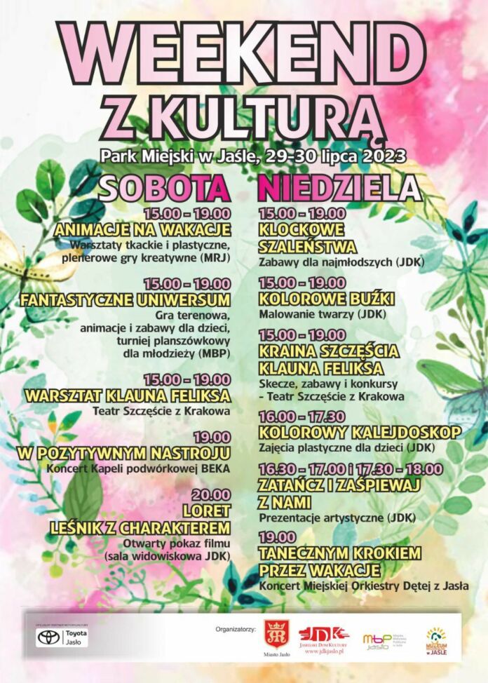 Plakat Weekend z kulturą Park Miejski w Jaśle, 29-30 lipca 2023 sobota, niedziela