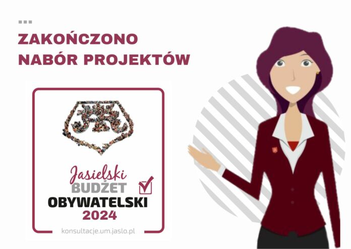 Zakończono nabór projektów Jasielski Budżet Obywatelski 2024 konsultacje.um.jaslo.pl , po prawej stronie kobieta wskazująca na logotyp JBO