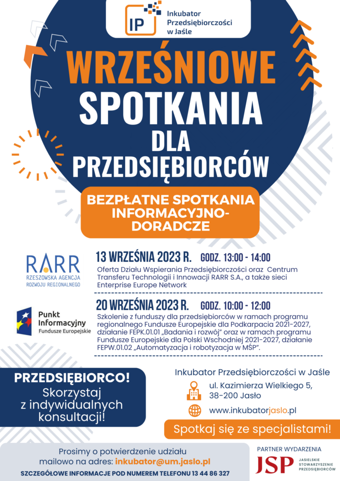 Plakat wrześniowych spotkań dla przedsiębiorców w Inkubatorze Przedsiębiorczości w Jaśle
