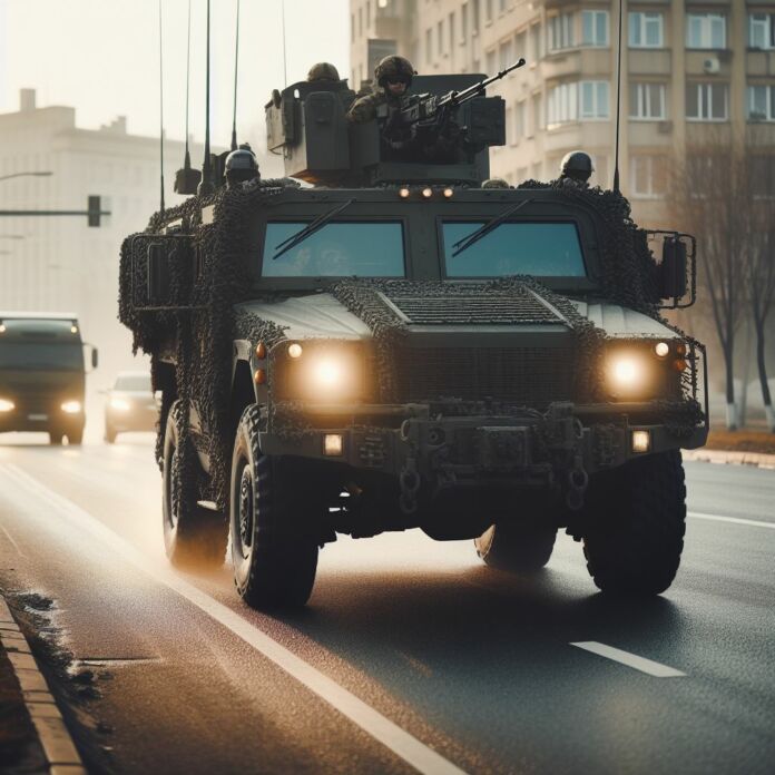 pojazd wojskowy, poruszający się po drodze, grafika wygenerowana przez sztuczną inteligencję