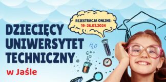 Plakat informujący o rozpoczęciu rejestracji online na Dziecięcy Uniwersytet Techniczny w Jaśle