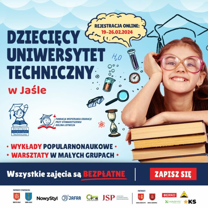 Plakat informujący o rozpoczęciu rejestracji online na Dziecięcy Uniwersytet Techniczny w Jaśle